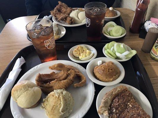 Fried fish, roll,deviled eggs,cucumbers in vinegar,sweet potato casserole, pecan pie...