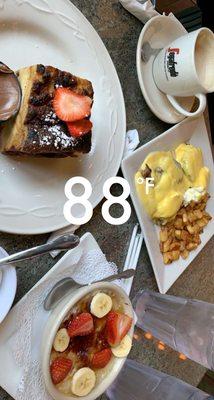 Bread pudding french toast, filet eggs benedict, and oatmeal brulee.