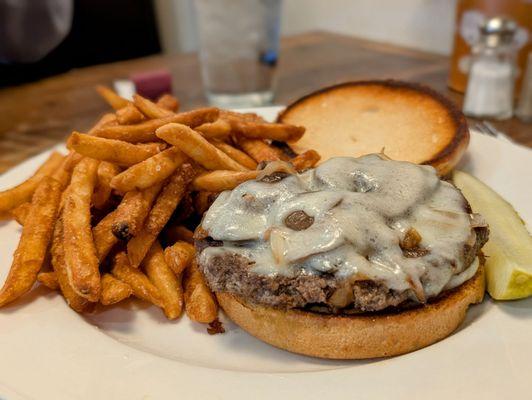 Swiss and Mushroom burger with fries. Mmmmm.