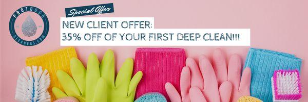 New Client Offer: Save 35% off your first clean when you schedule a Top-to-Bottom Deluxe or Move-in/Move-out Clean!