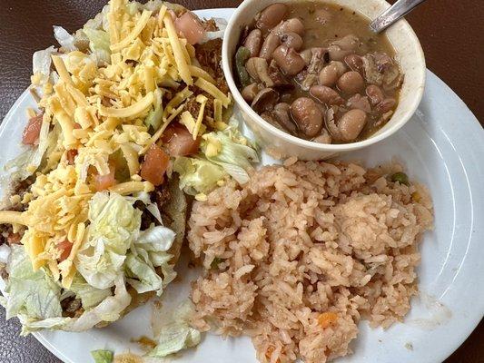 Puffy Taco Plate, 1 Chicken & 1 Beef, rice & charro beans.