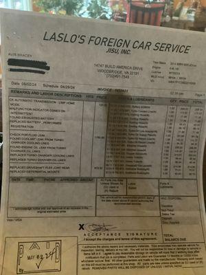 Invoice for work  performed by Laslo Foreign Car Service on my  2014 BMW 650i