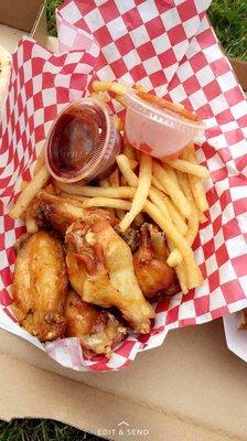 The chicken wings and fries.