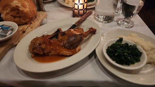 Roast Long Island Duckling with mashed potatoes and creamed spinach