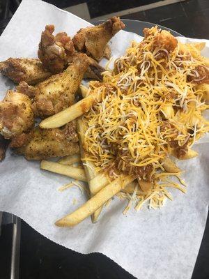 Lemon pepper wings with chili cheese fries