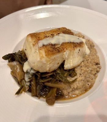 Halibut--fish of the day with mushroom risotto and collards. So good!!