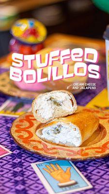 For the lovers of cream cheese and jalapeño, we bring to you our STUFFED BOLILLO! Available at both locations.