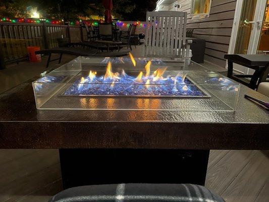 Oriflamme Hammered Copper Rectangle Gas Fire Table with Glass Wind Guard.