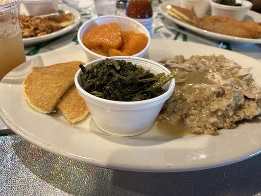 Dressing with chicken and gravy, greens, yams, catfish, spaghetti