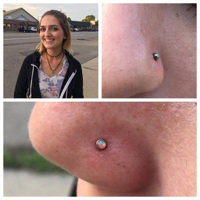 nostril piercing done by Spencer using a beautiful opal top from Neometal jewelry.