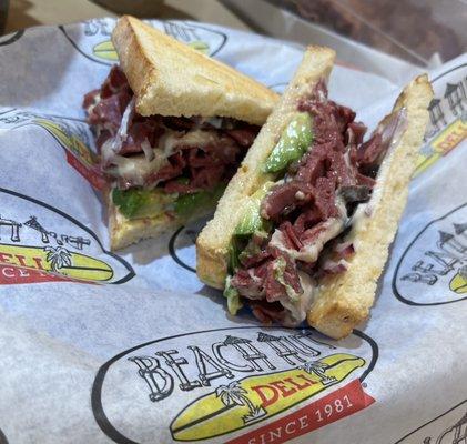 One of our most popular hot sandwiches: The Malibu has chopped Pastrami, Italian dressing, fresh avocado, and melted Swiss