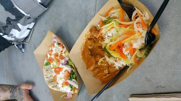 Lamb Kefta on the left and butter chicken on the right.