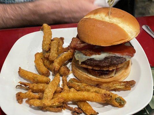 Bison burger with fried pickles