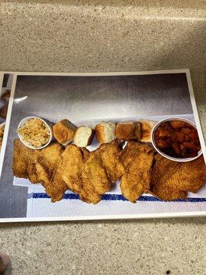 It's called a number 6, 6 pcs of flounder 2 large sides and dinner rolls