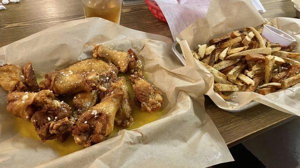 Garlic Parmesan wings with fries