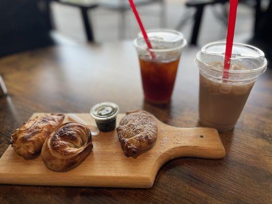 Yum! Empanadas chai tea and iced coffee