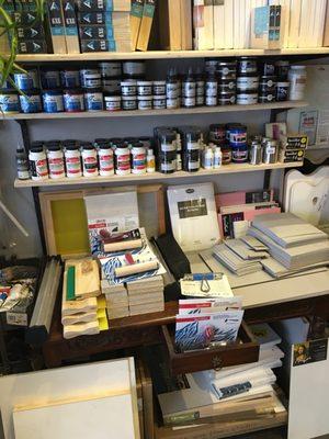 Printmaking section. Linoleum for block printing. Inks. Screen printing supplies.