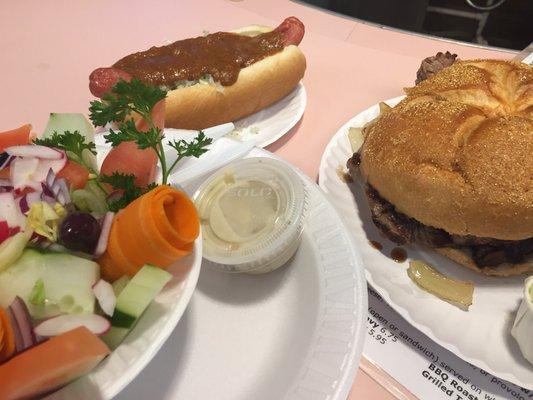 Hot dog, small salad and rib eye steak sandwich for $19