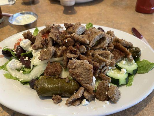 Greek salad with gyro meat.