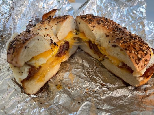 Bacon, egg, and cheese on an everything bagel