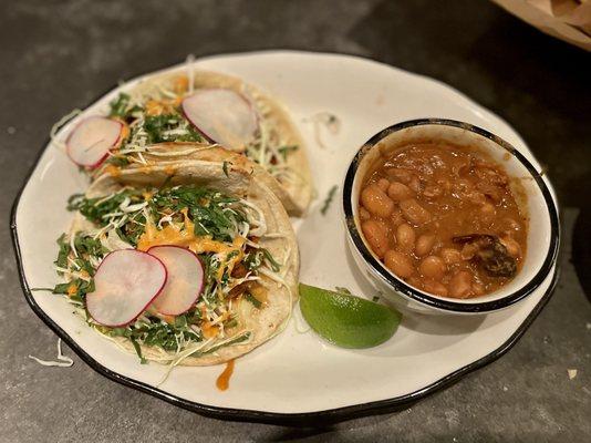 Tacos de camarones with frijoles charros