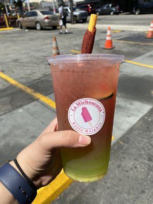 Half Agua Fresca de Pepino, Limon y Chia and half Agua Fresca de Sandia