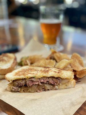 Patty melt, chips, and ESB