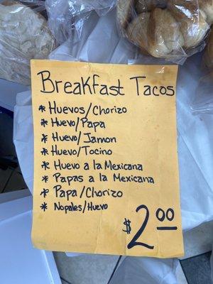 Breakfast taco menu