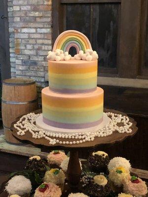 Picture depicts a two-tiered cake with pastel rainbow frosting in stripes, topped with a 3-D pastel rainbow topper.