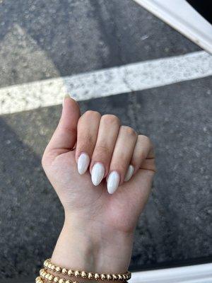 Almond acrylic nails with white polish and white chrome!!