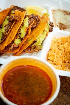 Birria Tacos with beans and rice