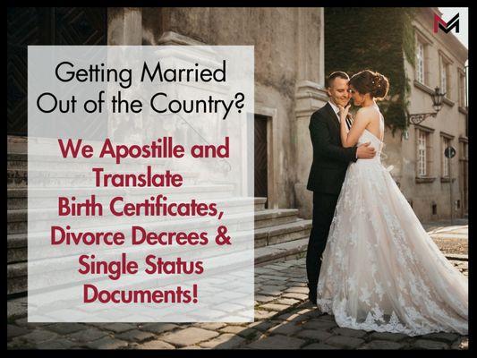 Planning your dream wedding in another country? We specialize in apostille services and certified translations for the documents you need.