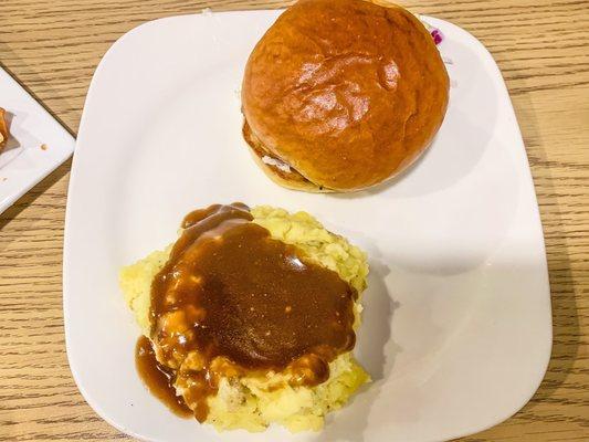 Barbecue slaw burger with mashed potato and brown gravy