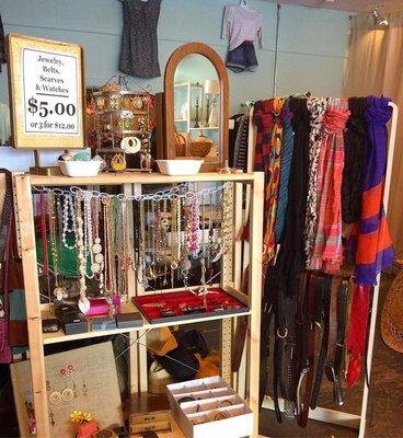 All of the jewelry, belts and scarves in our store are $5.00 each or 3 for $12.00.