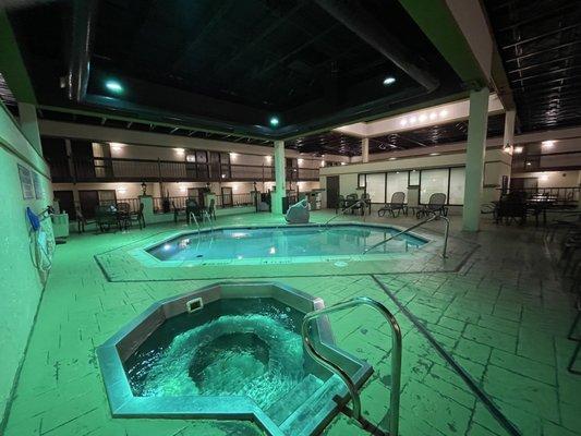 Pool and water jet spa area. Located between food area and gym