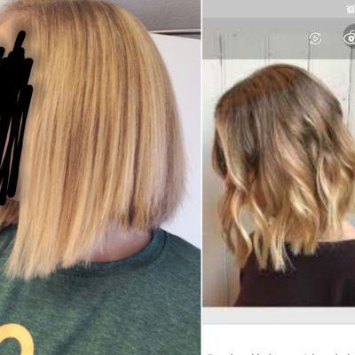 Color and cut I requested vs. What I came home with, missing a wierd chunk on the side. Cost $210 for partial hilght, poor cut and no style