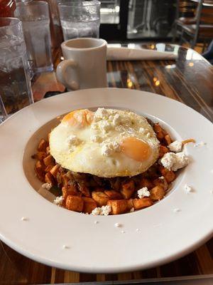 Brunch lamb w/ potatoes, goat cheese, kale, and 2 fried eggs