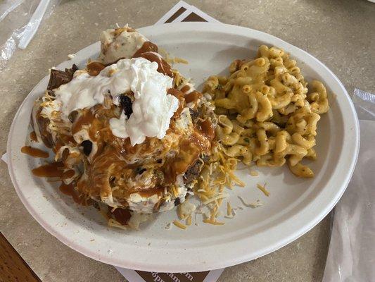 Stuffed baked potato and Mac n cheese