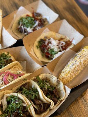 Carne asada tacos, Camaron, Barbacoa, Quesadilla & Grilled street corn