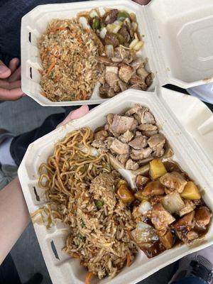 a plate with 1/2 fried rice and lo mein, honey chicken and teriyaki