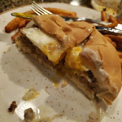 Chicken Fried Steak sandwich - (yes,that is a fried egg) - paused halfway through to snap this picture.