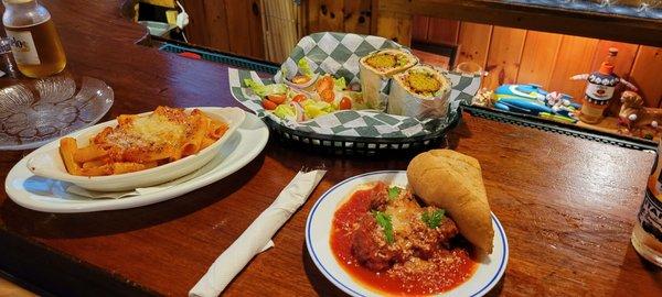 Baked Rigatoni (L), Falafel sandwich (M), Meatballs (R) All delicious!!!