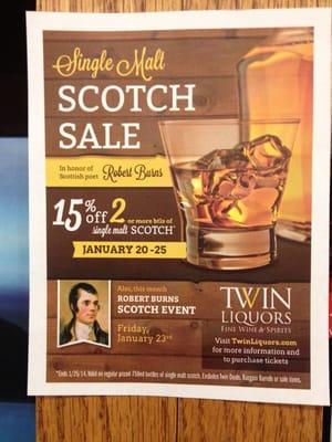 %15 off Single Malts x 2 through tonight for Burns Night