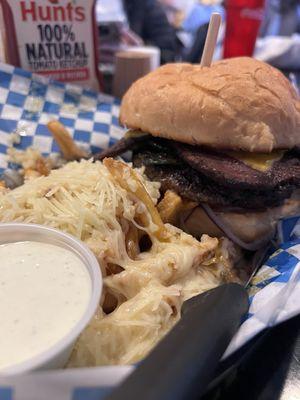 Bacon burger with garlic cheese fries