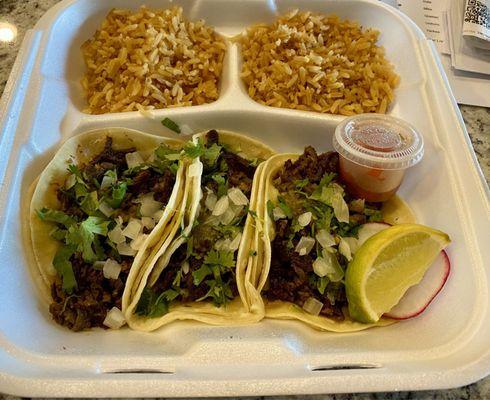 3 Carne Asada street tacos and 2 sides around $11.00