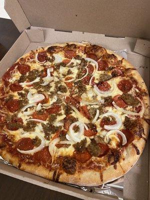 Sausage, Pepperoni, and onions.