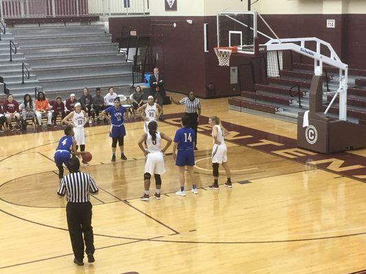 12/7/17. Thursday evening. Lady Yellowjackets Basketball (blue) vs. Centenary College Ladies (white). Gold Dome. Shreveport, Louisiana.