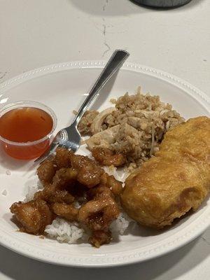 Chicken fried rice, sesame chicken, and pork egg roll