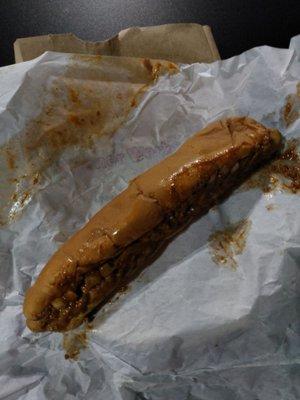 Footlong dog with mustard chili and onion