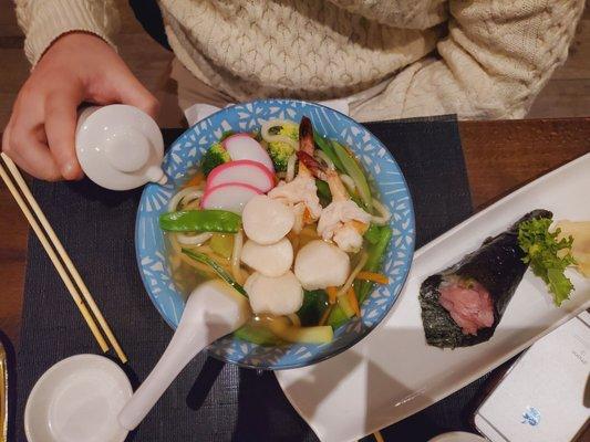 Seafood udon noodles